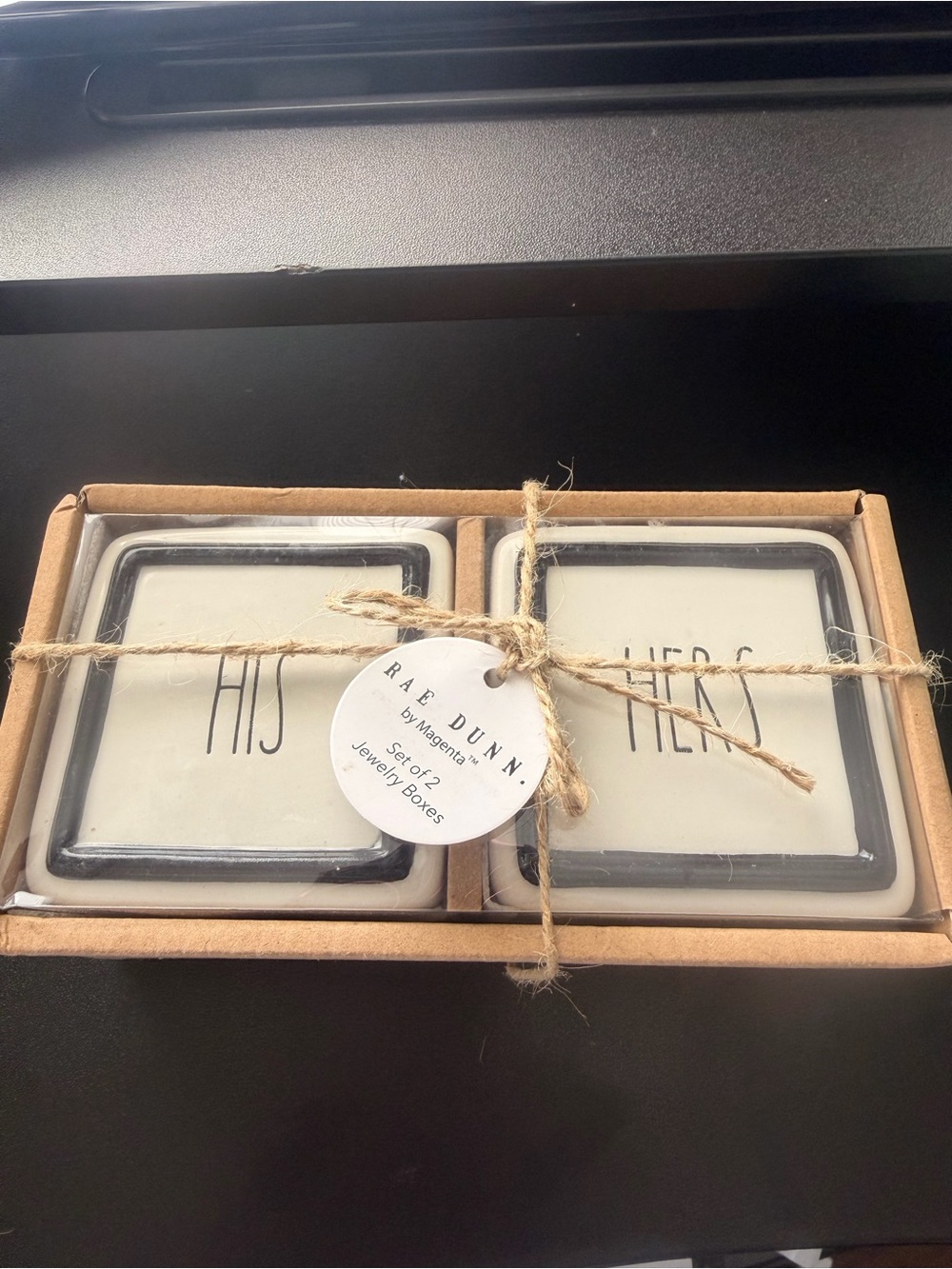 Rae Dunn White Jewelry Box Set with Black Trim - 'His' & 'Hers'